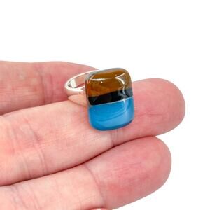 Vintage Ross Simons Sterling Silver 925 Blue Brown Fused Glass Ring Size 7
